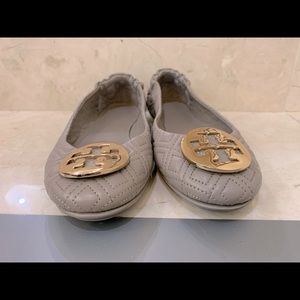 Tory Burch Minnie Travel Ballet Flat Quilted leather Dust Storm gold hardware
